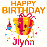A vibrant and funny gift box character with a happy face dancing with a cupcake and the text 'Happy Birthday Jlynn,' surrounded by animated confetti and party vibes.