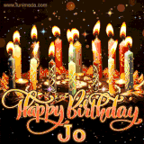 A glowing personalized birthday GIF with name Jo featuring lit candles with intricate designs, warm lighting, and the text 'Happy Birthday' in an elegant font.