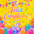 A bright and festive GIF with the text 'Feliz Cumpleaños Jo' in Spanish in colorful fonts, surrounded by confetti, balloons, and festive banners on a vibrant yellow background.