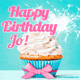 A festive cupcake with pink icing, a gingham bow, and a lit animated sparkler, paired with 'Happy Birthday Jo!' in bright pink text.