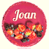 Beautifully decorated red velvet berry birthday cake with vibrant fruits and a glowing 'Joan' name, adding a touch of sweetness and sparkle.