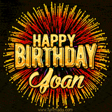 Golden 'Happy Birthday Joan' text accompanied by animated rainbow fireworks for a festive animated greeting.