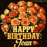Animated bouquet of orange roses with moving butterfles and golden 'Happy Birthday Joan' text, surrounded by sparkling accents and a dark backdrop for a luxurious feel.
