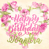 A stunning heart made of pink roses surrounds the elegant script text 'Happy Birthday Joandra' on a soft beige background. Animated sparkles add a magical and festive feel.