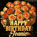 Animated bouquet of orange roses with moving butterfles and golden 'Happy Birthday Joanie' text, surrounded by sparkling accents and a dark backdrop for a luxurious feel.