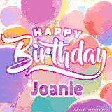 A vibrant name GIF featuring colorful balloons in shades of pink, orange, and yellow with the bold text 'Happy Birthday Joanie' in festive fonts, creating a lively birthday vibe.
