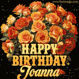 Animated bouquet of orange roses with moving butterfles and golden 'Happy Birthday Joanna' text, surrounded by sparkling accents and a dark backdrop for a luxurious feel.