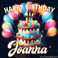 Hand-drawn happy birthday cake adorned with an arch of colorful balloons - name GIF for Joanna