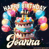 Bright birthday animation for Joanna with a chocolate cake, candles, balloons, and glowing celebratory lights.
