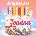 Personalized for Joanna elegant birthday cake adorned with rainbow sprinkles, colorful candles and glitter