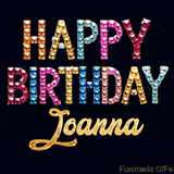 Vibrant luxury birthday greeting card for Joanna, showing glittering gemstone letters and golden calligraphy on a dark background with twinkling shine effects.