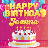 Pink-themed animated greeting with balloons, confetti, and a frosted cake under the message 'Happy Birthday Joanna' in bold rounded yellow font.
