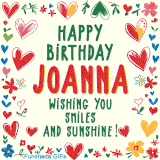 A colorful animated card for Joanna’s birthday featuring playful hearts, cheerful flowers, and a handwritten message wishing smiles and sunshine.