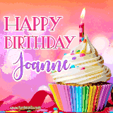 A vibrant birthday GIF featuring a rainbow-colored cupcake topped with white frosting, sprinkles, and a lit candle. The text reads 'Happy Birthday Joanne' in bold pink and violet letters with white outline.