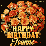 Animated bouquet of orange roses with moving butterfles and golden 'Happy Birthday Joanne' text, surrounded by sparkling accents and a dark backdrop for a luxurious feel.