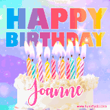 A vibrant animated name GIF with the words 'Happy Birthday Joanne' with colorful candles on a creamy cake. The background sparkles with pastel shades, adding a festive touch.