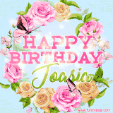 A charming animated GIF featuring 'Happy Birthday Joasia' in pink and green text, surrounded by delicate roses, leaves, and fluttering butterflies on a soft light blue pastel background.