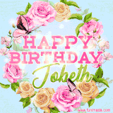 A charming animated GIF featuring 'Happy Birthday Jobeth' in pink and green text, surrounded by delicate roses, leaves, and fluttering butterflies on a soft light blue pastel background.