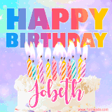 A vibrant animated name GIF with the words 'Happy Birthday Jobeth' with colorful candles on a creamy cake. The background sparkles with pastel shades, adding a festive touch.