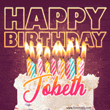 A colorful birthday cake topped with lit candles, with the words 'Happy Birthday Jobeth' in bold glowing letters on a burgundy background. Animated flames add a festive touch.