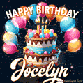 Hand-drawn happy birthday cake adorned with an arch of colorful balloons - name GIF for Jocelyn