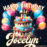 Bright birthday animation for Jocelyn with a chocolate cake, candles, balloons, and glowing celebratory lights.