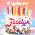 Personalized for Jocelyn elegant birthday cake adorned with rainbow sprinkles, colorful candles and glitter