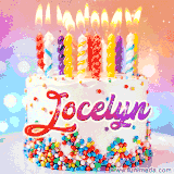 A cheerful white birthday cake with multicolor sprinkles, lit candles, and 'Jocelyn' written in vibrant letters, in an animated GIF.