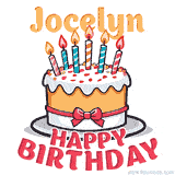 Cartoon birthday cake with a red bow, glowing candles, and 'Jocelyn Happy Birthday' text in bold animated style.
