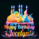 A mesmerizing animated cake with multicolor frosting and candles, and the words 'Happy Birthday Jocelyn' on the black background.