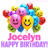 Animated colorful and joyful birthday balloons with cheerful smiles and a bright 'Happy Birthday Jocelyn!' message in pink and purple.