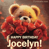Cinematic style cute animated teddy bear with charming features holding a large bouquet of red roses, the words say 'Happy Birthday Jocelyn' in sans serif font.