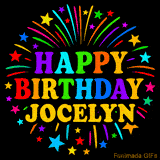 Personalized greeting card with name, colorful text that says 'Happy Birthday Jocelyn' surrounded by animated fireworks and multicolor stars