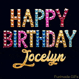 Vibrant luxury birthday greeting card for Jocelyn, showing glittering gemstone letters and golden calligraphy on a dark background with twinkling shine effects.