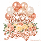 A bouquet of pastel roses and green leaves with Happy Birthday Jocelyn animation