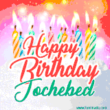 Bright birthday candles with rainbow flames on a cake, alongside the text 'Happy Birthday Jochebed' in vibrant script in this celebratory animated GIF.