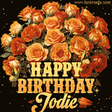 Animated bouquet of orange roses with moving butterfles and golden 'Happy Birthday Jodie' text, surrounded by sparkling accents and a dark backdrop for a luxurious feel.
