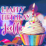 A festive animated GIF featuring a colorful cupcake with a single lit candle, sprinkles, and 'Happy Birthday Joelle' text against a sparkling, celebratory background.