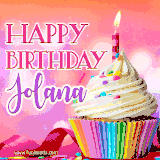 A vibrant birthday GIF featuring a rainbow-colored cupcake topped with white frosting, sprinkles, and a lit candle. The text reads 'Happy Birthday Jolana' in bold pink and violet letters with white outline.