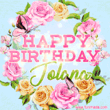 A charming animated GIF featuring 'Happy Birthday Jolana' in pink and green text, surrounded by delicate roses, leaves, and fluttering butterflies on a soft light blue pastel background.