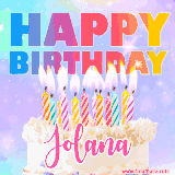 A vibrant animated name GIF with the words 'Happy Birthday Jolana' with colorful candles on a creamy cake. The background sparkles with pastel shades, adding a festive touch.