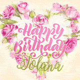 A stunning heart made of pink roses surrounds the elegant script text 'Happy Birthday Jolana' on a soft beige background. Animated sparkles add a magical and festive feel.