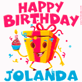 A vibrant and funny gift box character with a happy face dancing with a cupcake and the text 'Happy Birthday Jolanda,' surrounded by animated confetti and party vibes.