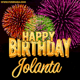 A golden 'Happy Birthday Jolanta' message with vibrant fireworks in the background, creating a festive and celebratory vibe in this animated name GIF.