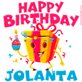 A vibrant and funny gift box character with a happy face dancing with a cupcake and the text 'Happy Birthday Jolanta,' surrounded by animated confetti and party vibes.