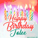 Bright birthday candles with rainbow flames on a cake, alongside the text 'Happy Birthday Jolee' in vibrant script in this celebratory animated GIF.