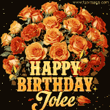 Animated bouquet of orange roses with moving butterfles and golden 'Happy Birthday Jolee' text, surrounded by sparkling accents and a dark backdrop for a luxurious feel.