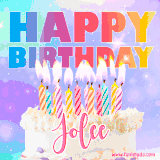 A vibrant animated name GIF with the words 'Happy Birthday Jolee' with colorful candles on a creamy cake. The background sparkles with pastel shades, adding a festive touch.