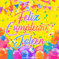 A bright and festive GIF with the text 'Feliz Cumpleaños Joleen' in Spanish in colorful fonts, surrounded by confetti, balloons, and festive banners on a vibrant yellow background.
