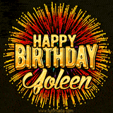 Golden 'Happy Birthday Joleen' text accompanied by animated rainbow fireworks for a festive animated greeting.